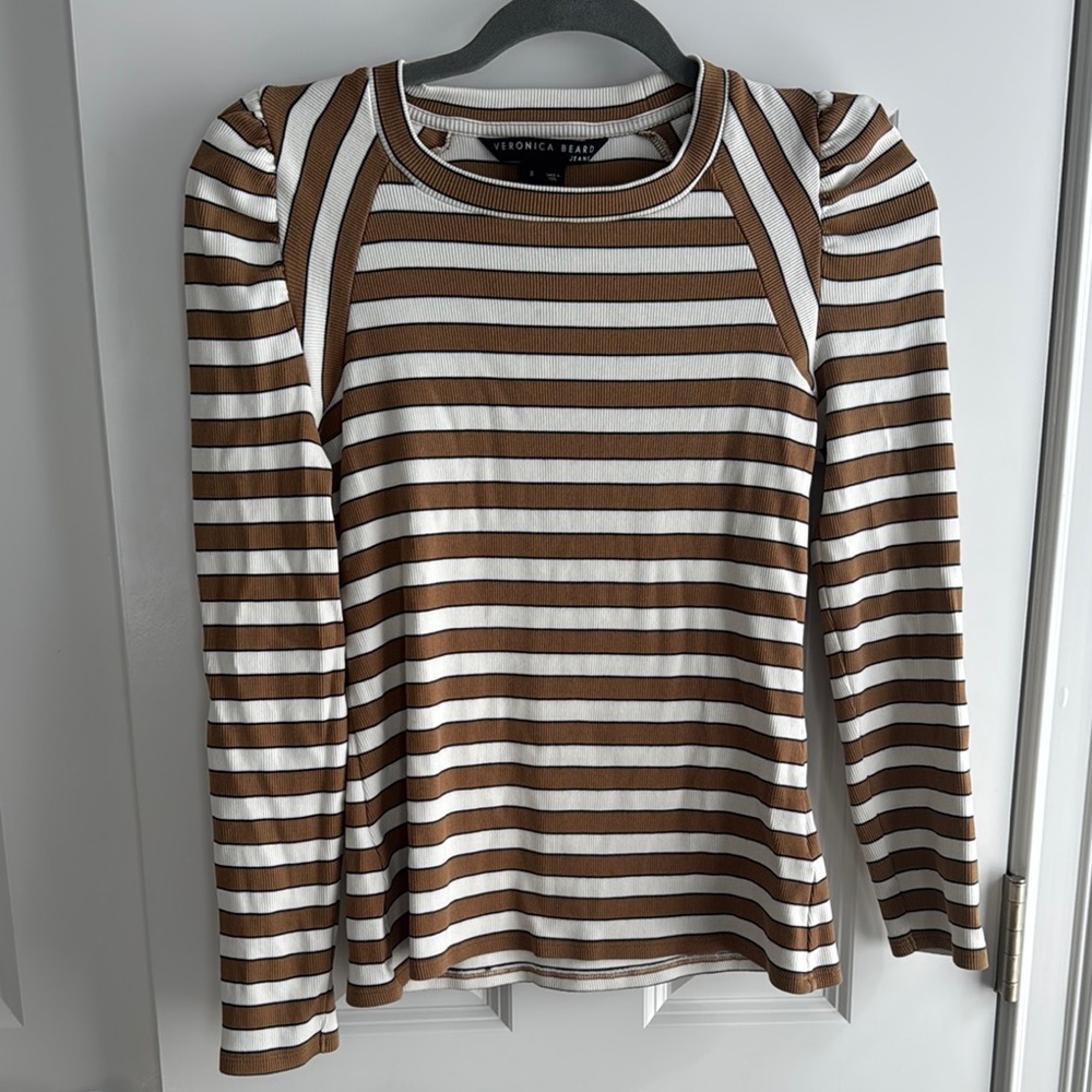 Veronica Beard  Jean Tee: white and tan stripe Ruffled / slightly puff shoulder
